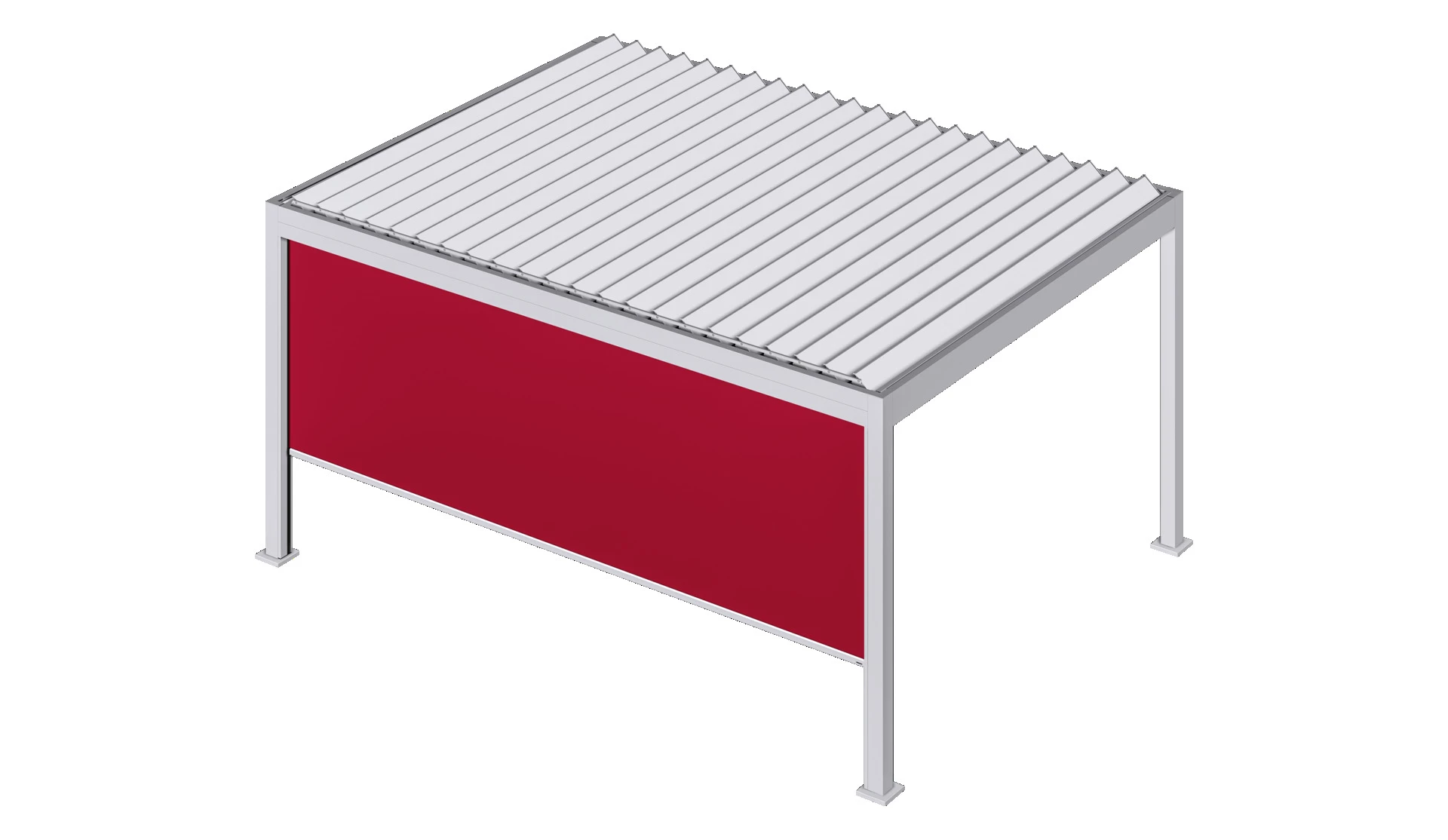 Moderne Pergola mit roter Seitenwand und Lamellendach